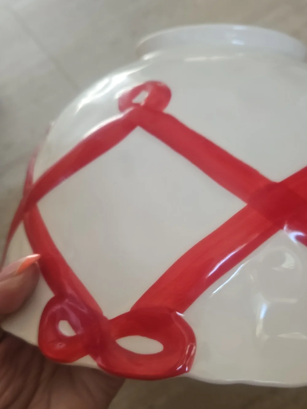 Anthropologie Large White/Red Ribbon Accent Serving Bowl